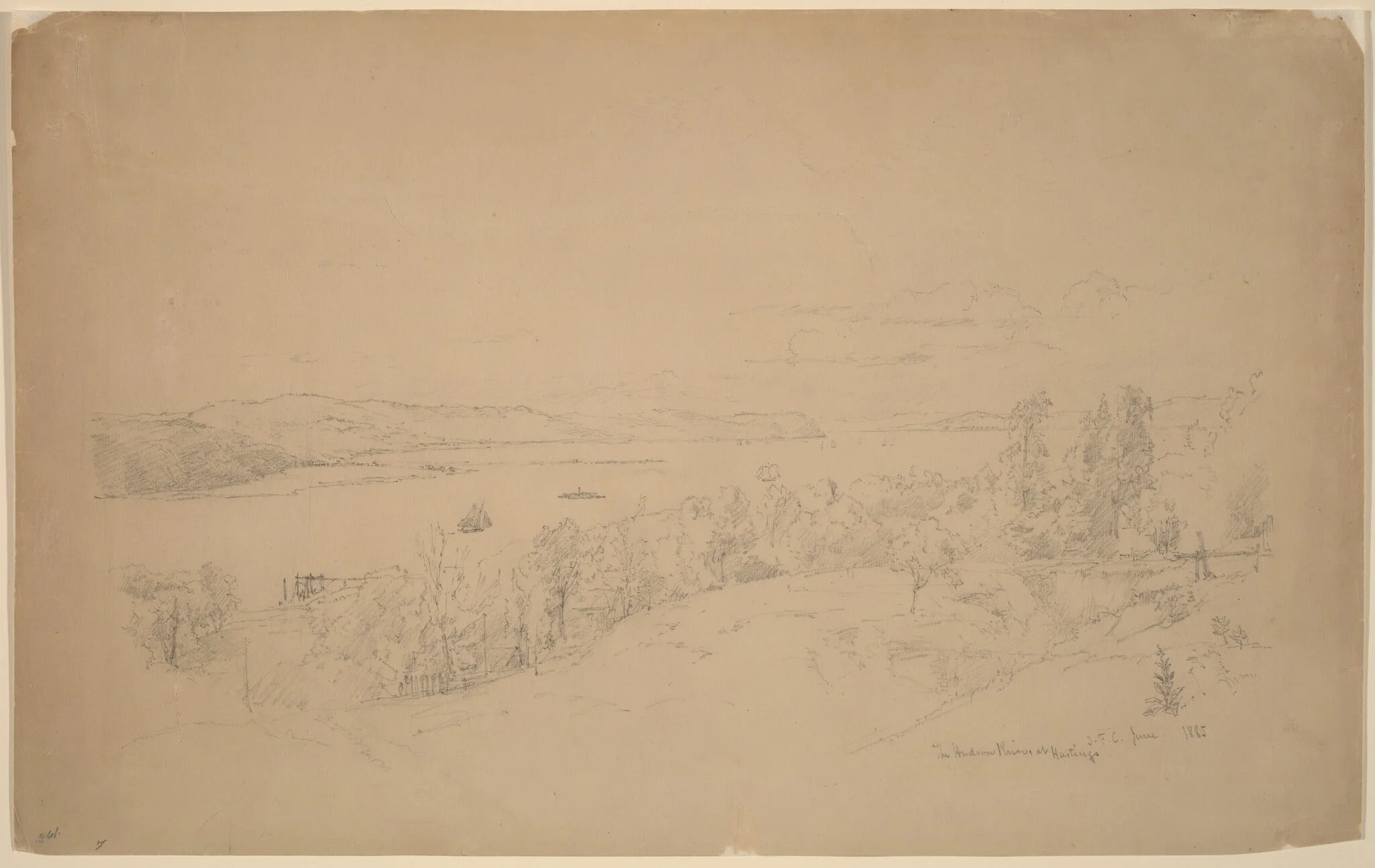 The Hudson River at Hastings, by Jasper Francis Cropsey, graphite, 1885