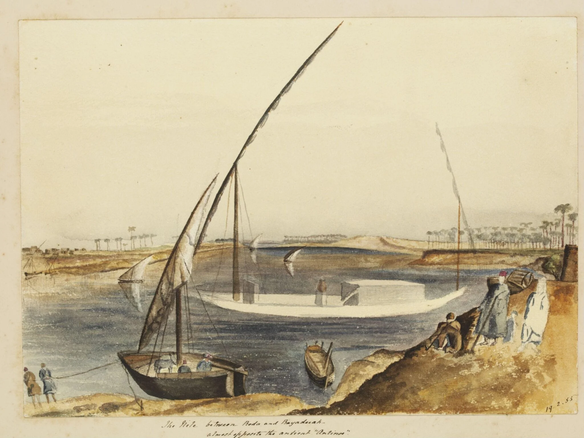 The Nile between Roda and Bayadeeah - almost opposite the antient Antinos.  Now Shekh Abadeh, by George de Sausmarez, watercolor, 1855