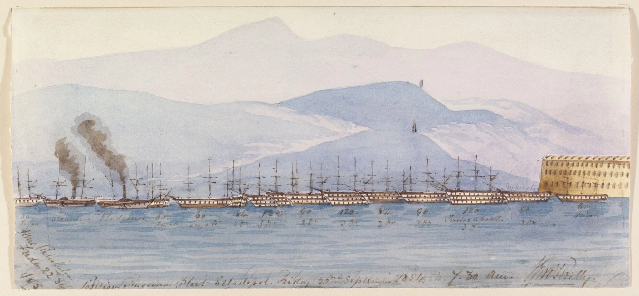 Position [of] Russian Fleet  Sebastopol.  Friday 22nd. September 1854  7.30. AM, by Montagu Frederick O'Reilly, watercolor, 1854