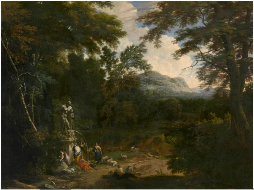 Landscape with figures at the foot of a fountain