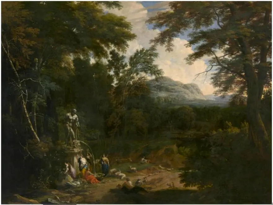 Landscape with figures at the foot of a fountain