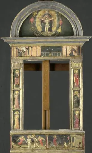 Frame depicting the Annunciation, Baptism of Christ, Entry into Jerusalem, Saints Cecilia and Catherine of Alexandria, Trinity (Gnadenstuhl, Mercy Seat), and four Music-making Angels