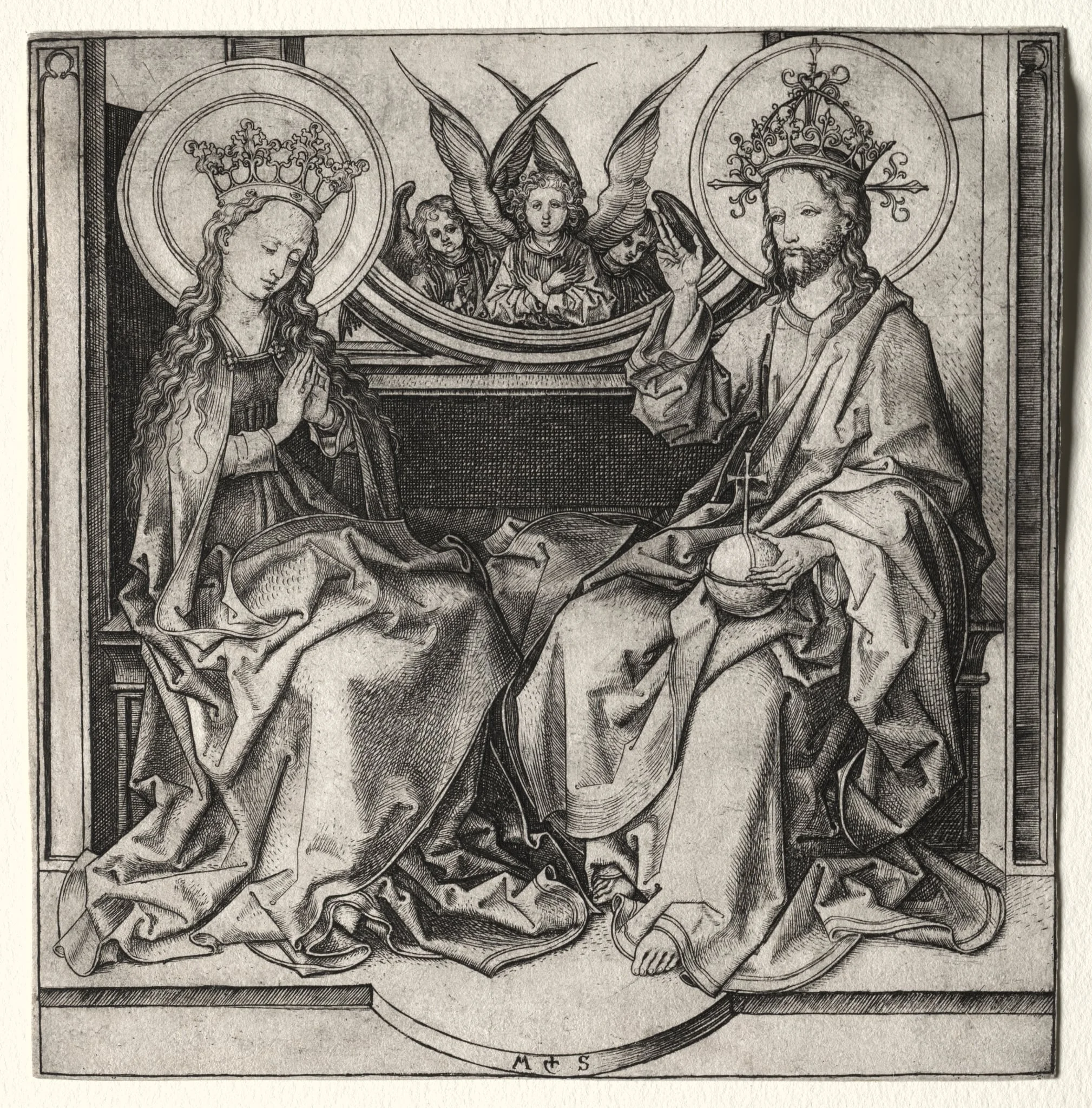 God the Father and the Blessed Virgin Enthroned Attended by Angels, by Martin Schongauer, 1485