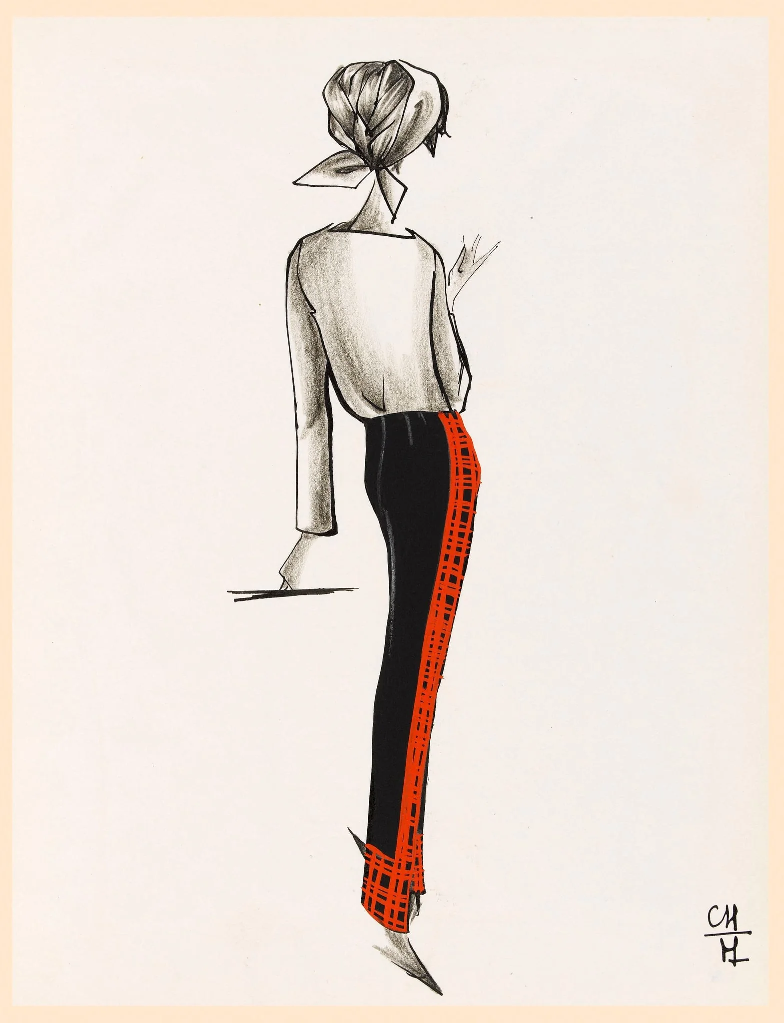 Pantalon noir à motif rouge sur le côté et le bas de la jambe, by Carven, 1963