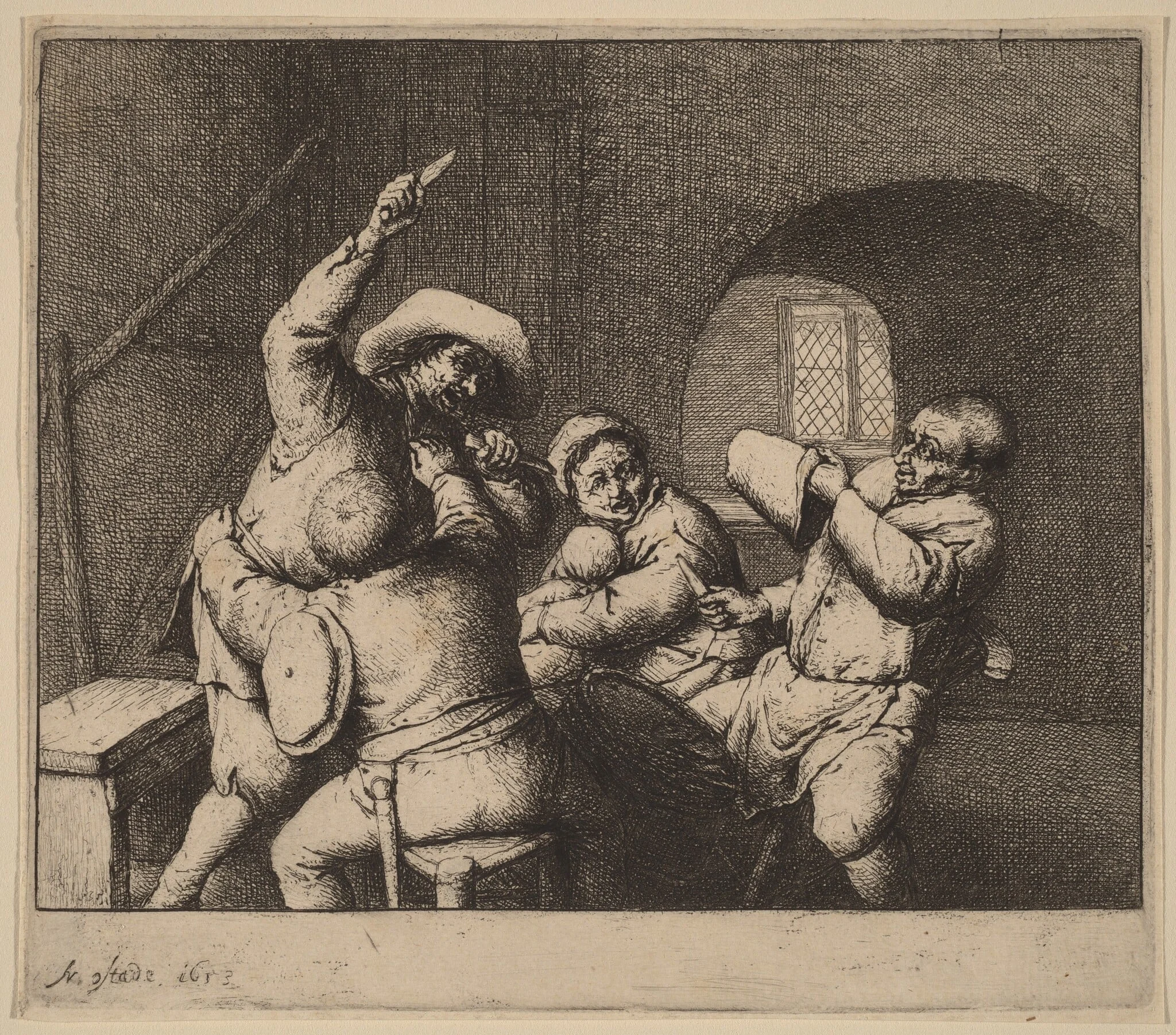 Knife Fight Among Peasants, by Adriaen van Ostade, ink, 1653