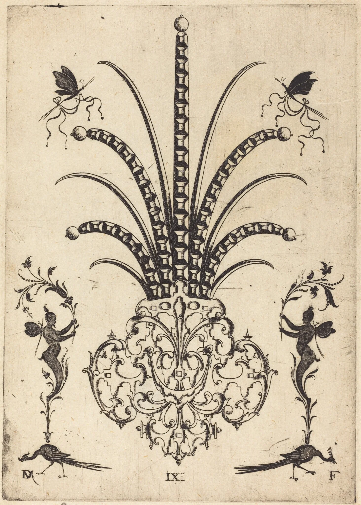 Brooch with Table-Stones, Butterflies at  Top, and Peacocks and Hermes at Bottom, by Daniel Mignot, ink, 1596