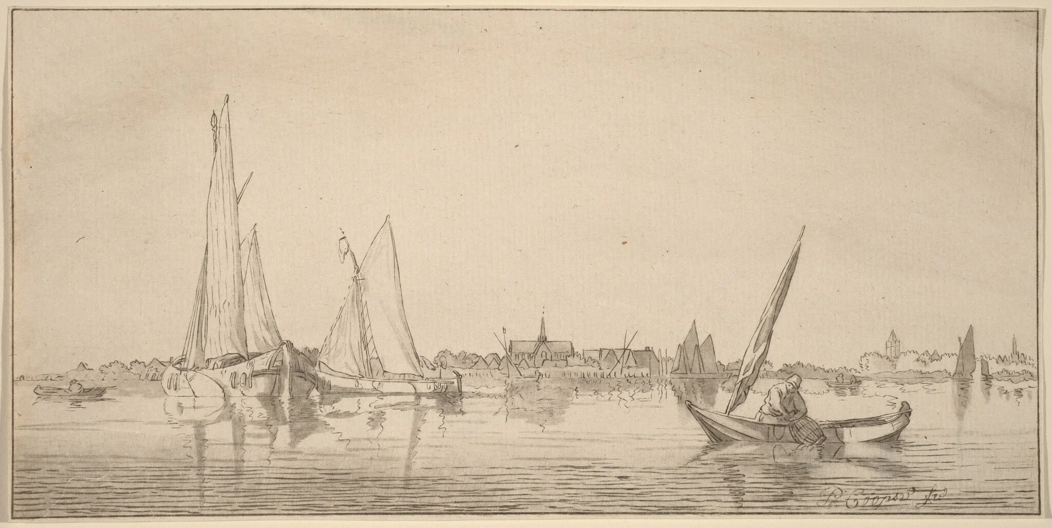 River with Town, by Jacobus Buys, ink, 1775