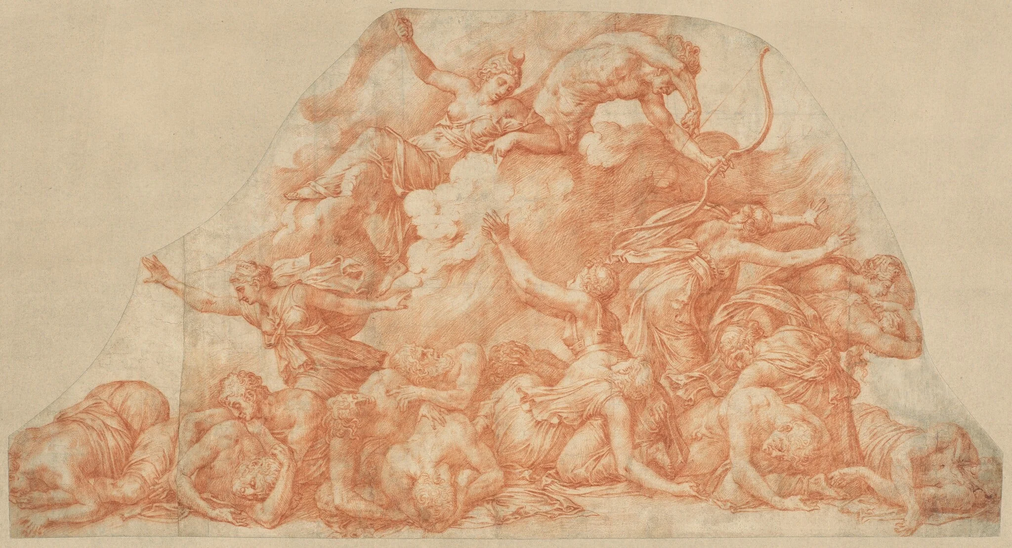 Diana and Apollo Slaughtering  the Children of Niobe, by Pirro Ligorio, chalk, 1550