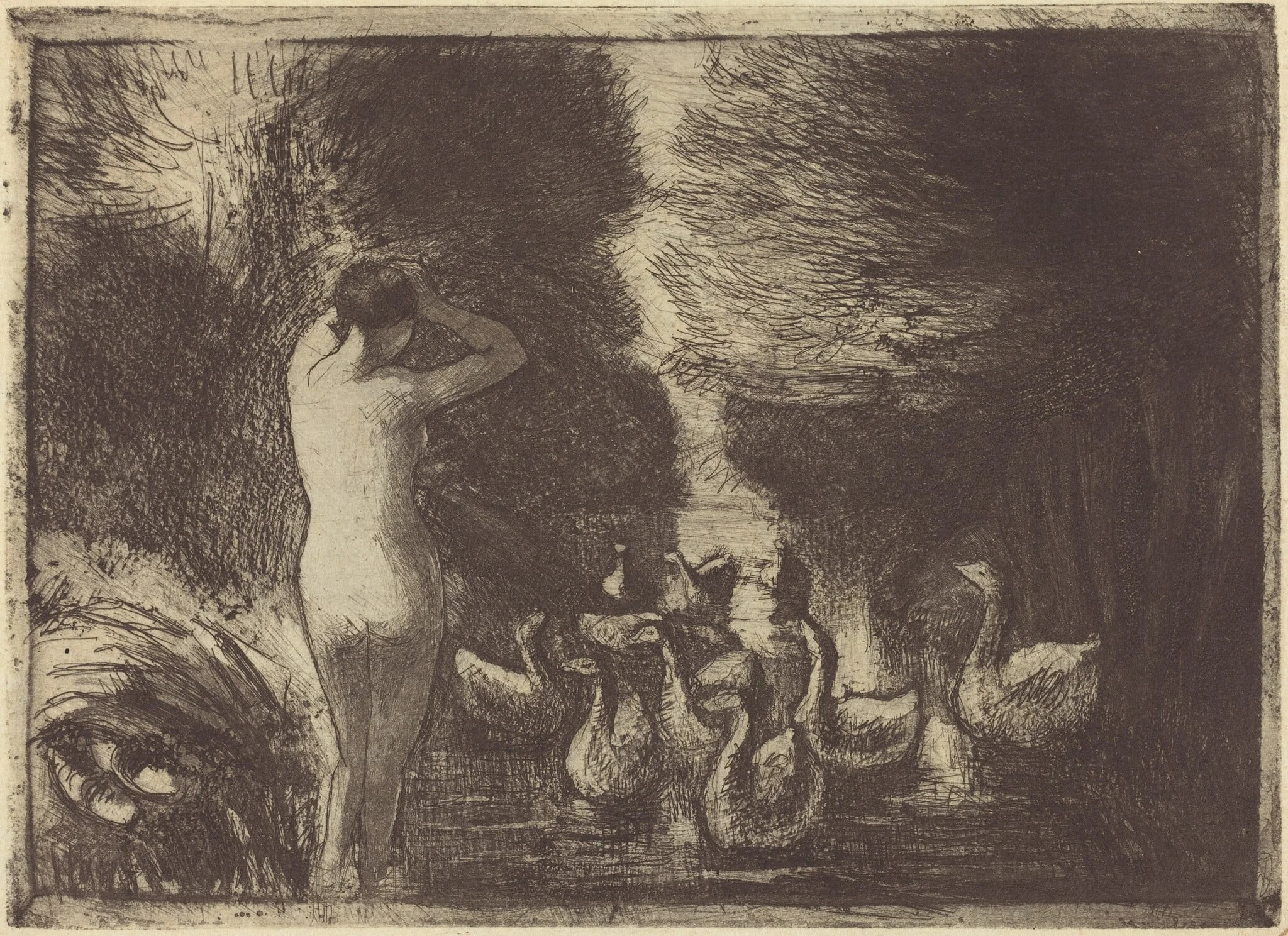 Baigneuse aux oies (Bathers with Geese), by Camille Pissarro, ink, 1895