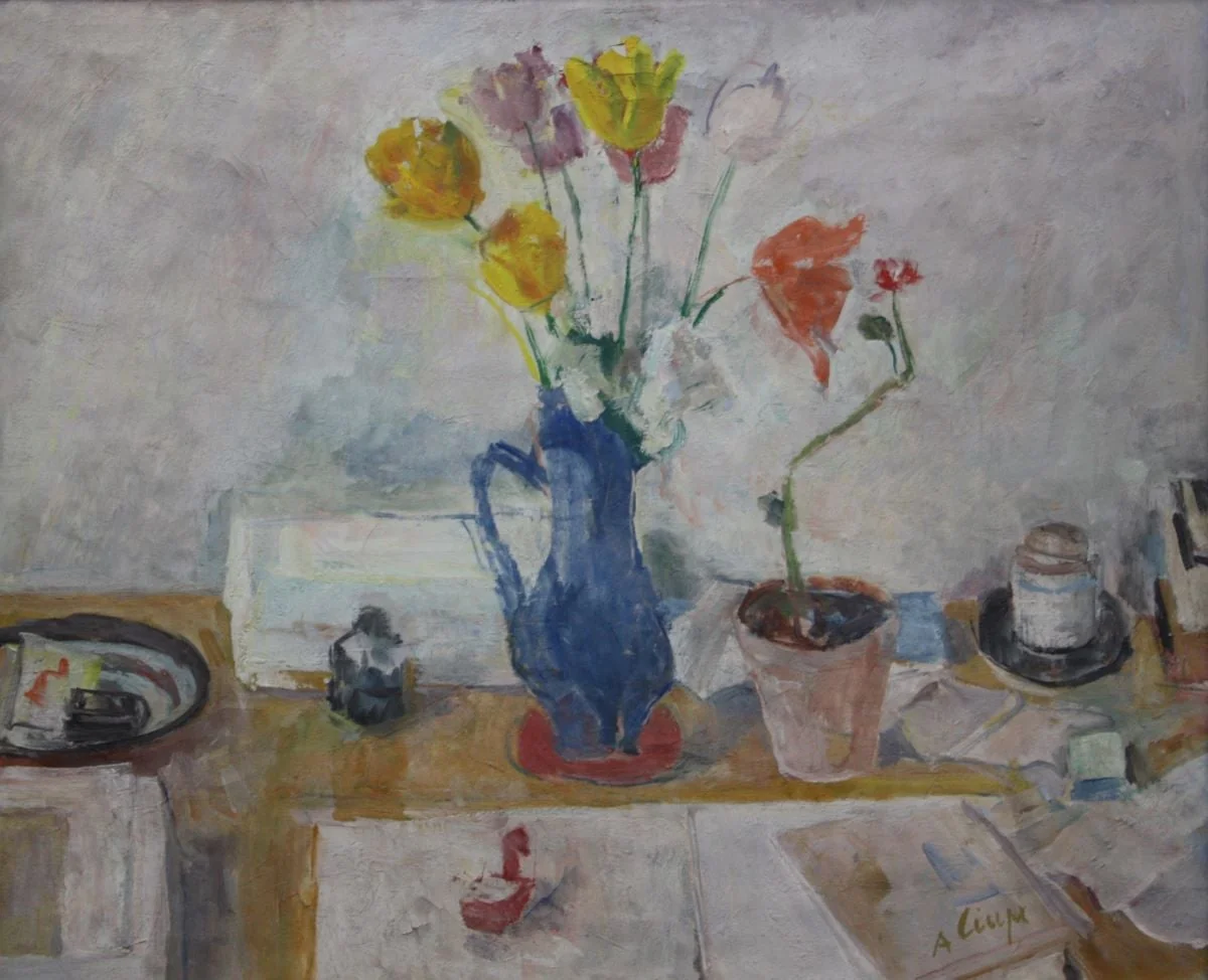 Lalele în vază albastră, by Aurel Ciupe, 1971