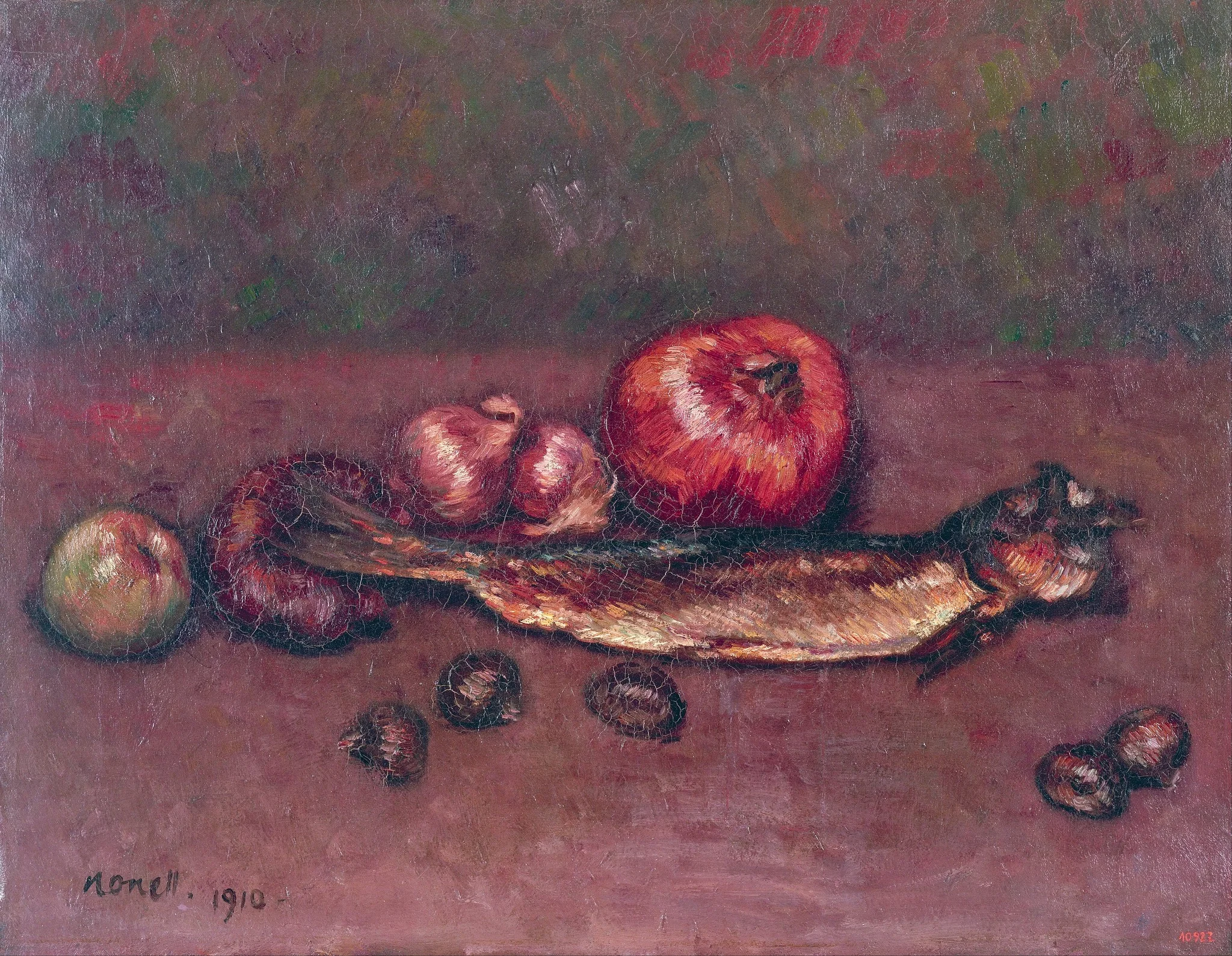 Still Life with Onions and Herring, by Isidre Nonell, oil, 1910
