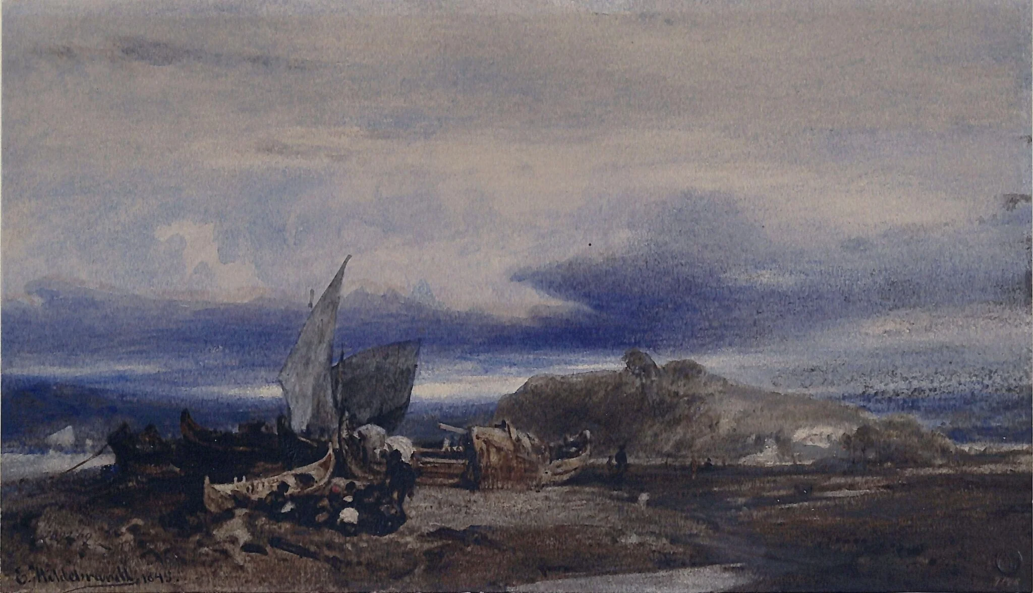 Landscape with Boats, by Eduard Hildebrandt, watercolor, 1844
