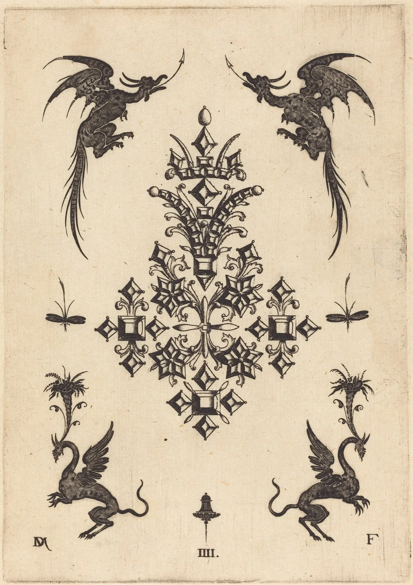 Brooch with Table-Stones, Winged Dragons at Top, and Griffins at Bottom, by Daniel Mignot, ink, 1596