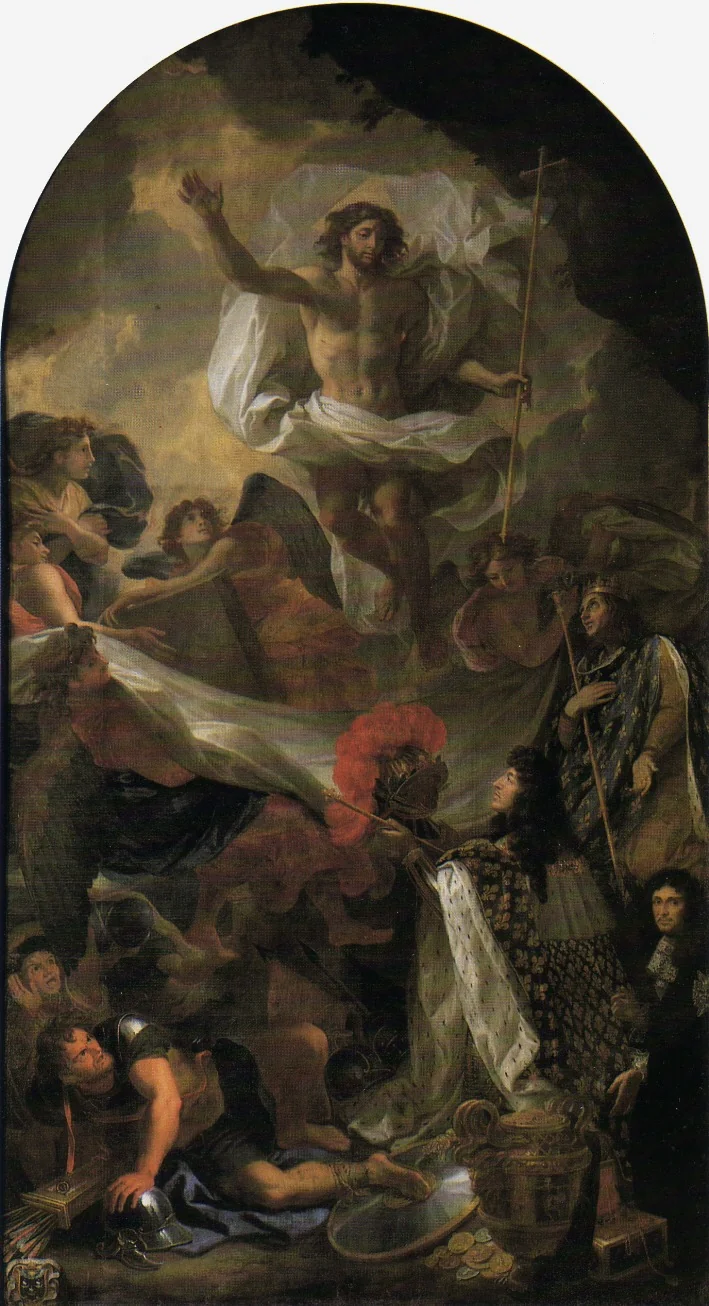 Louis XIV. presenting his sceptre and helmet to Jesus Christ, by Charles Le Brun, oil, 1674