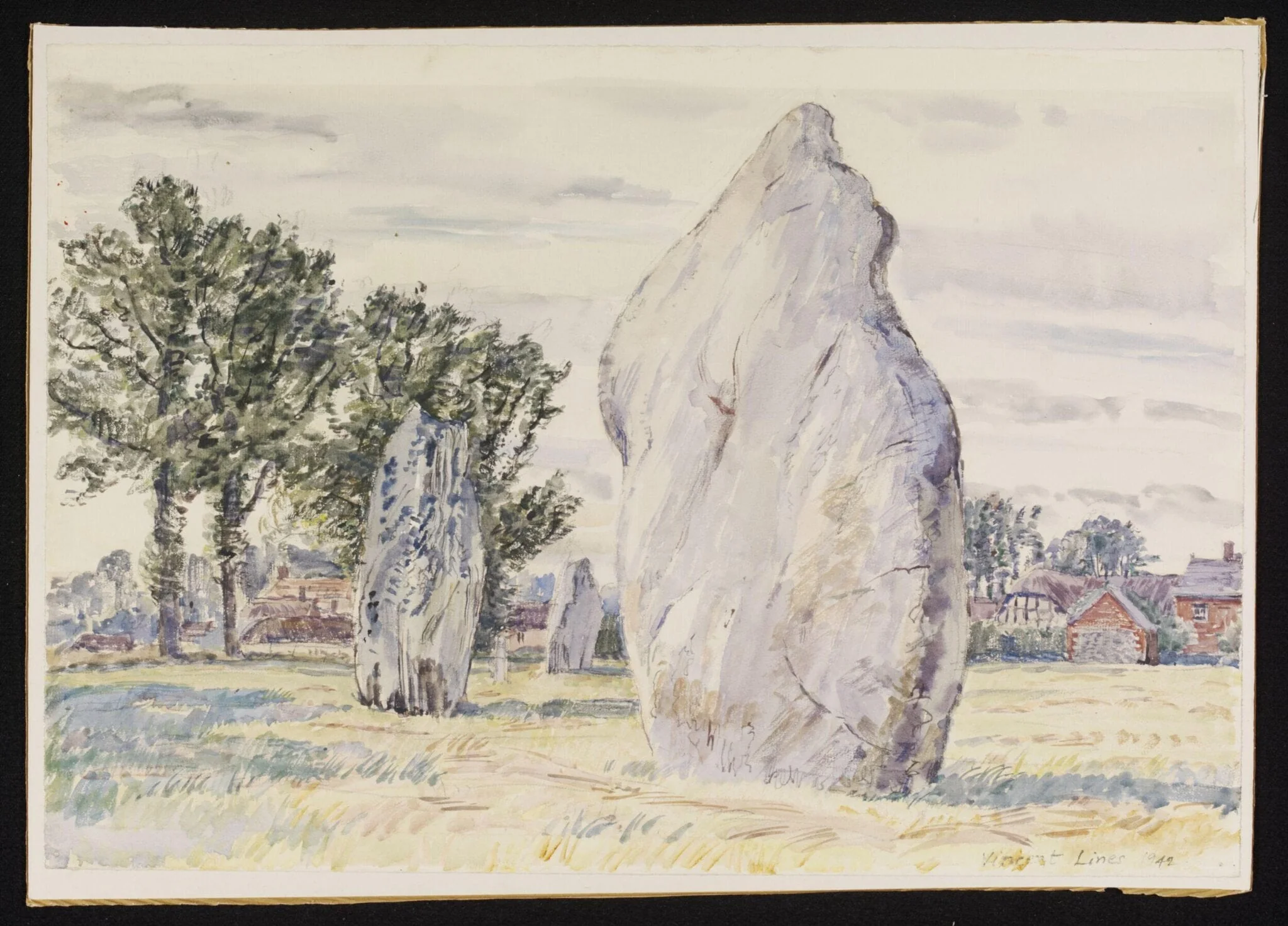 The Southern Circle and Village, Avebury, by Lines, watercolor, 1942