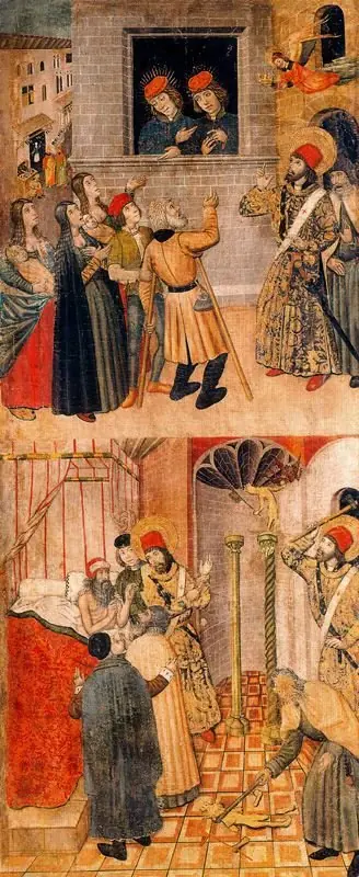 Saint Sebastian speaking to Marcus and Marcellian and Saint Sebastian and Saint Polycarp destroying Idols