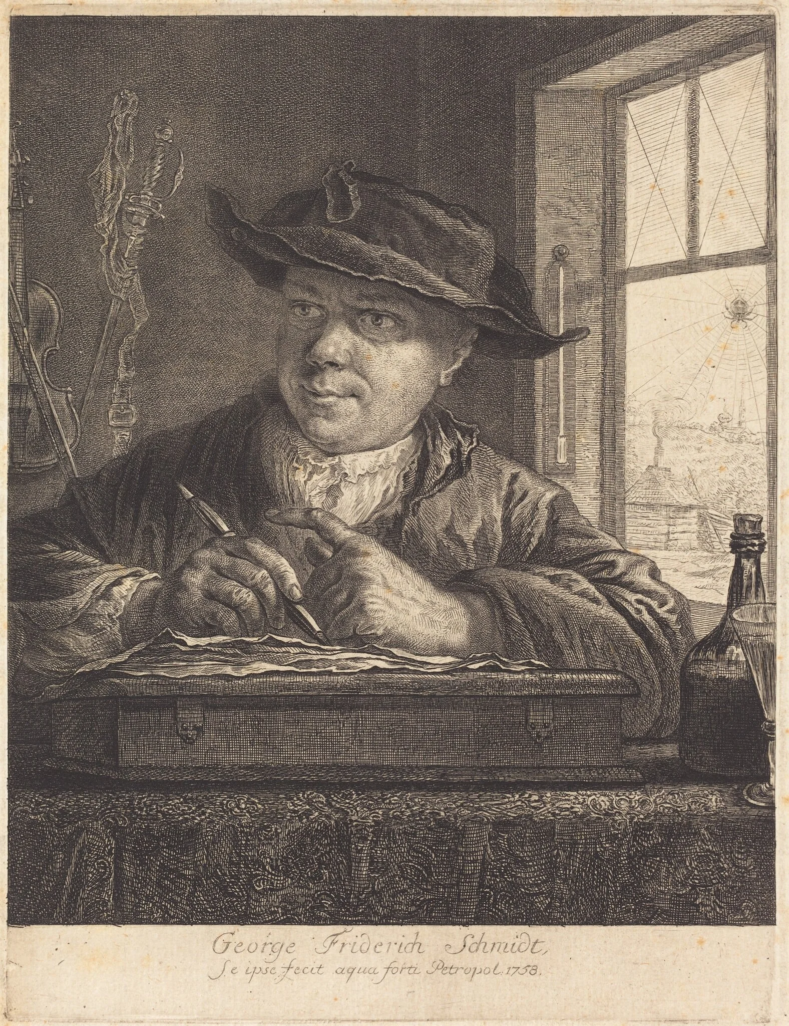 Self-Portrait with a Spider in the Window, by Georg Friedrich Schmidt, ink, 1758