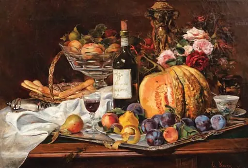 Natură statică cu fructe și sticlă de vin