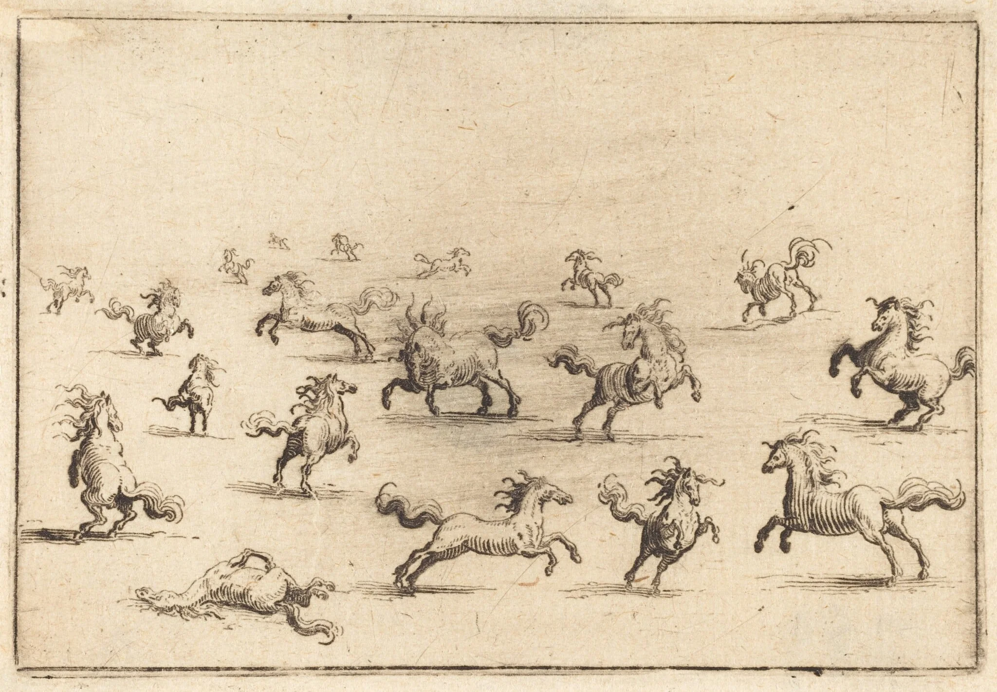 Horses Running, by Jacques Callot, ink, 1622