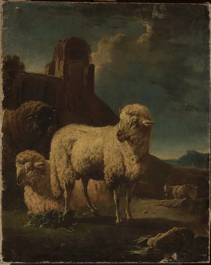 Rams with ruins in the background