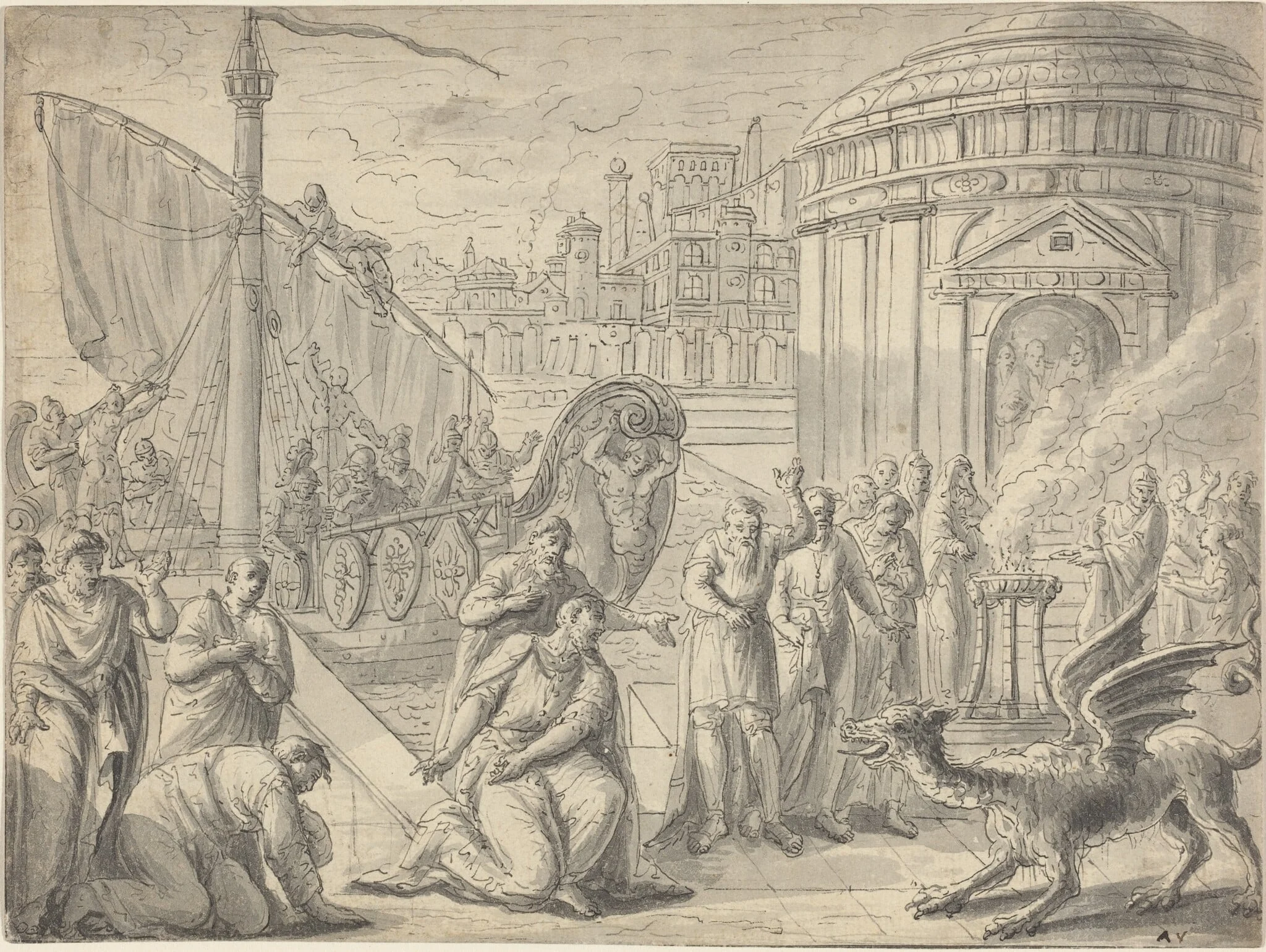 The Arrival of Aesculapius in Rome, by François Boitard, ink, 1700