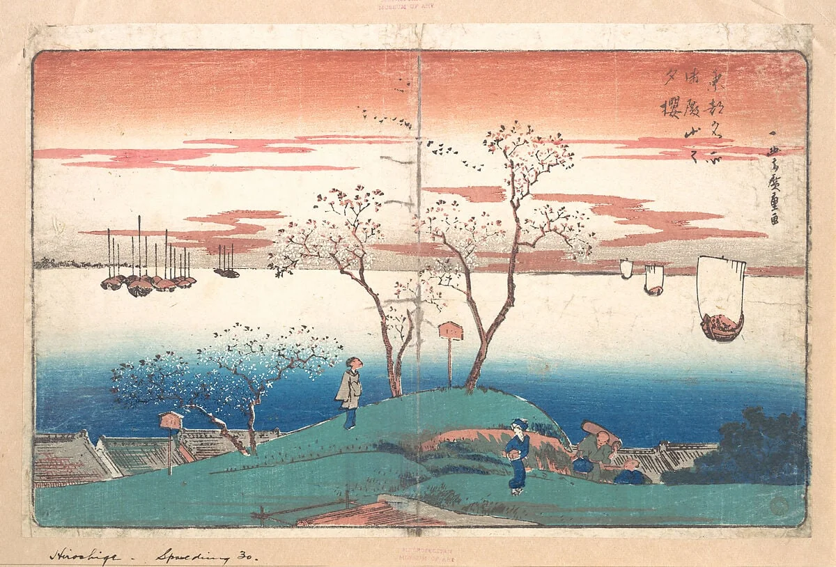 東都名所  御殿山之夕桜|Evening Cherries on Gotem Yama, by Utagawa Hiroshige, ink, 1830