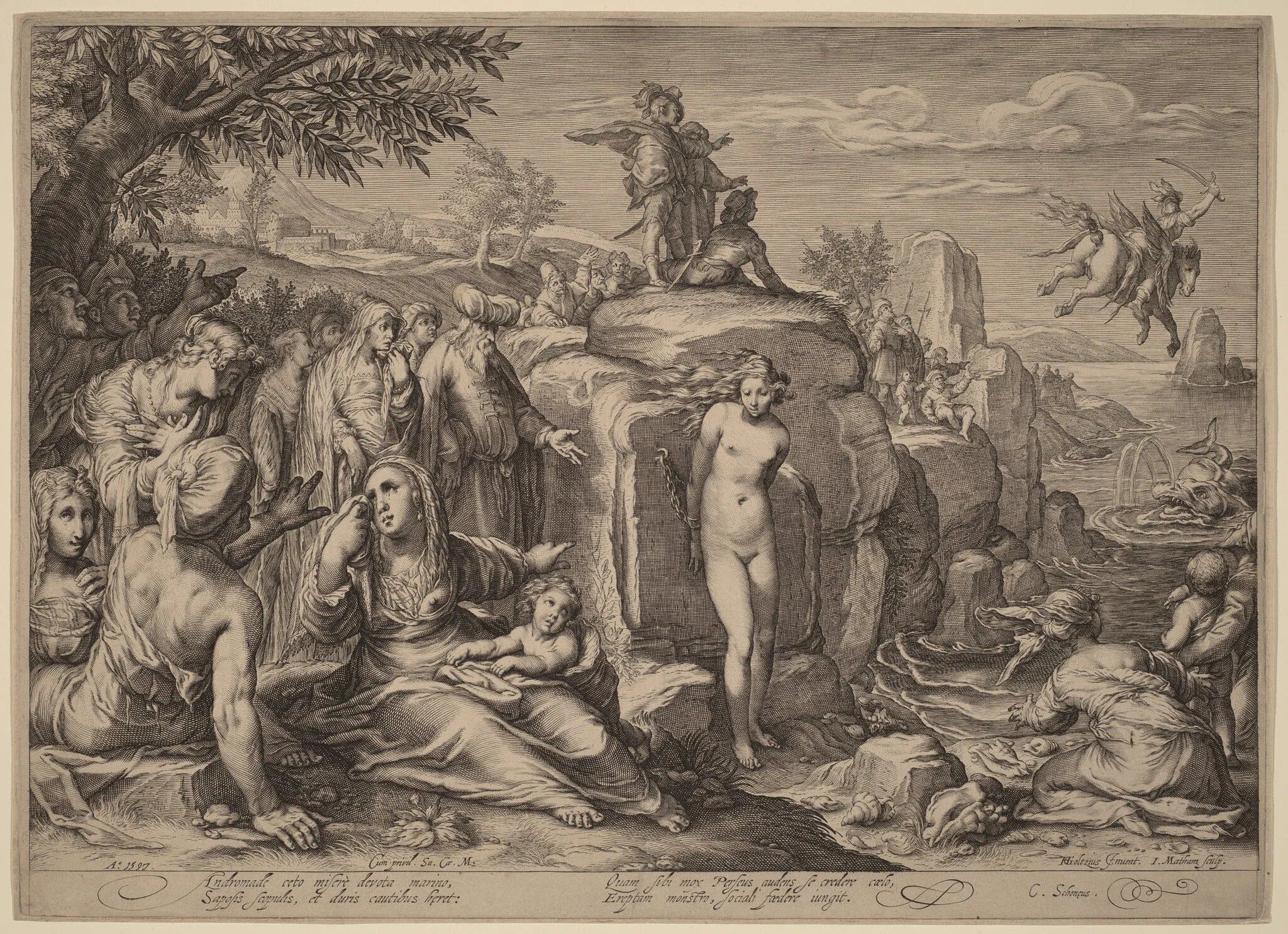 Perseus and Andromeda, by Jacob Matham, ink, 1597