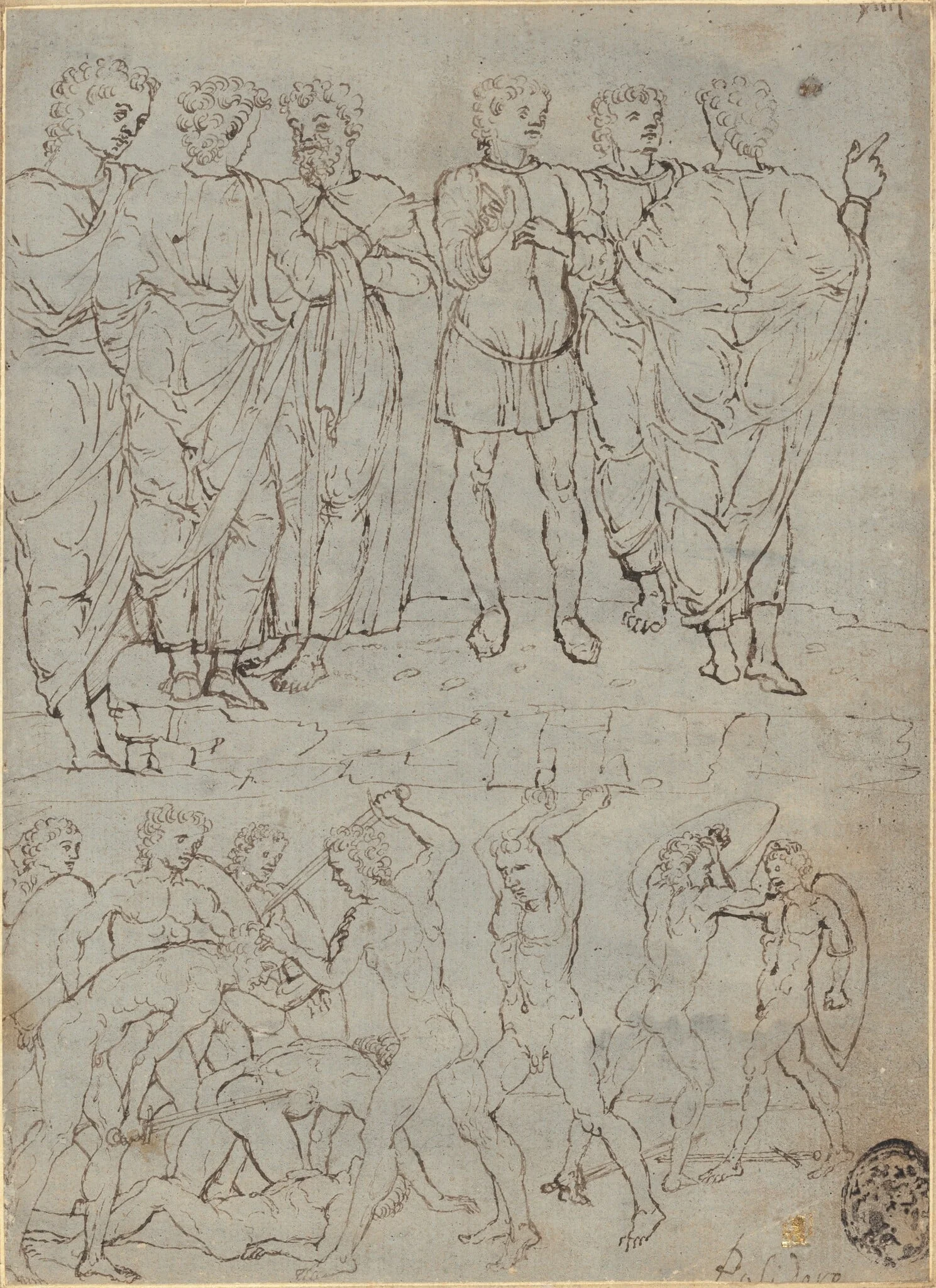 Six Conversing Men and Ten Battling Nudes, by Unknown, ink, 1470