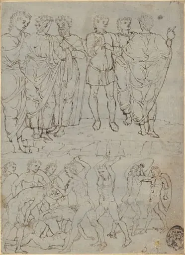Six Conversing Men and Ten Battling Nudes