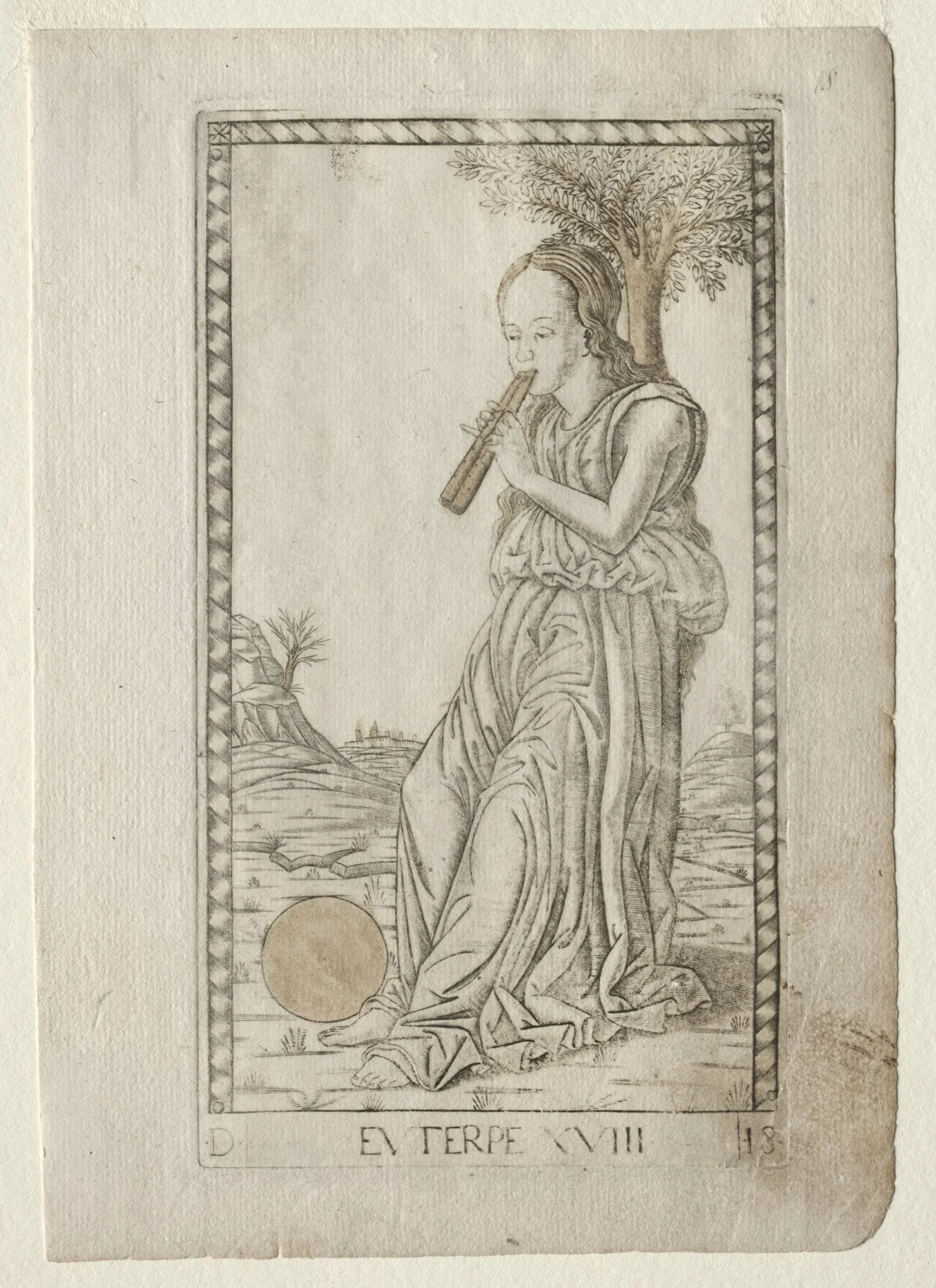 Euterpe (music, lyric poetry) (from the Tarocchi series D:  Apollo and the Muses, #18), by Master of the E-Series Tarocchi, 1467