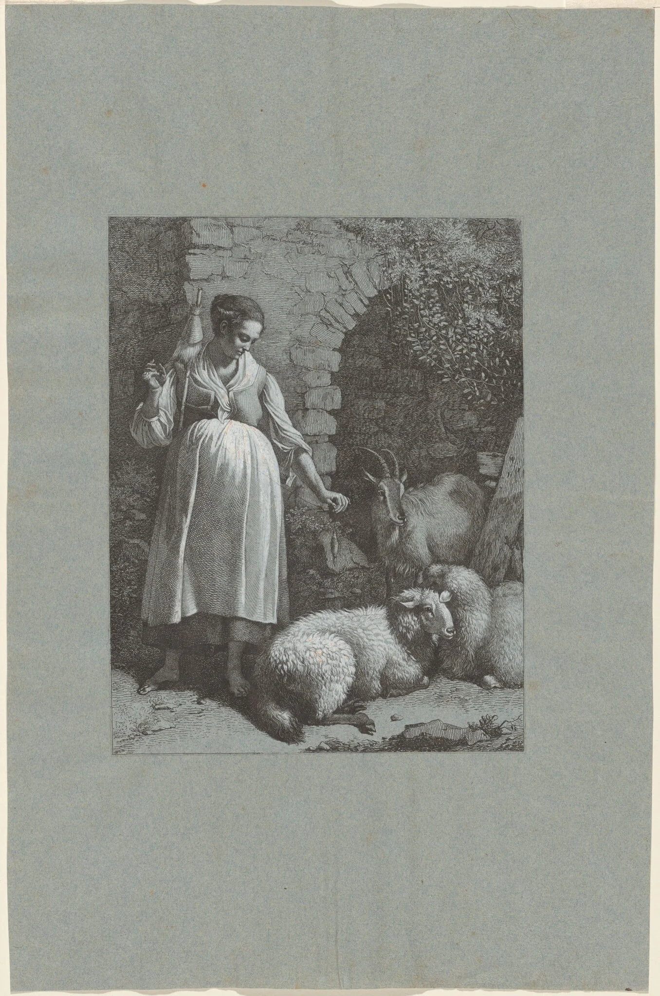 Woman Spinning Yarn by an Arch, by Francesco Londonio, ink, 1764