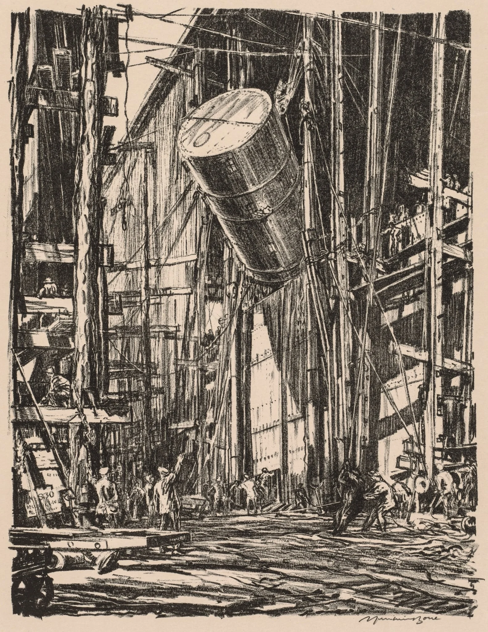 On the Clyde, 1917-1918:  Lifting an Oil Tank into a Train Ferry, by Muirhead Bone, 1918