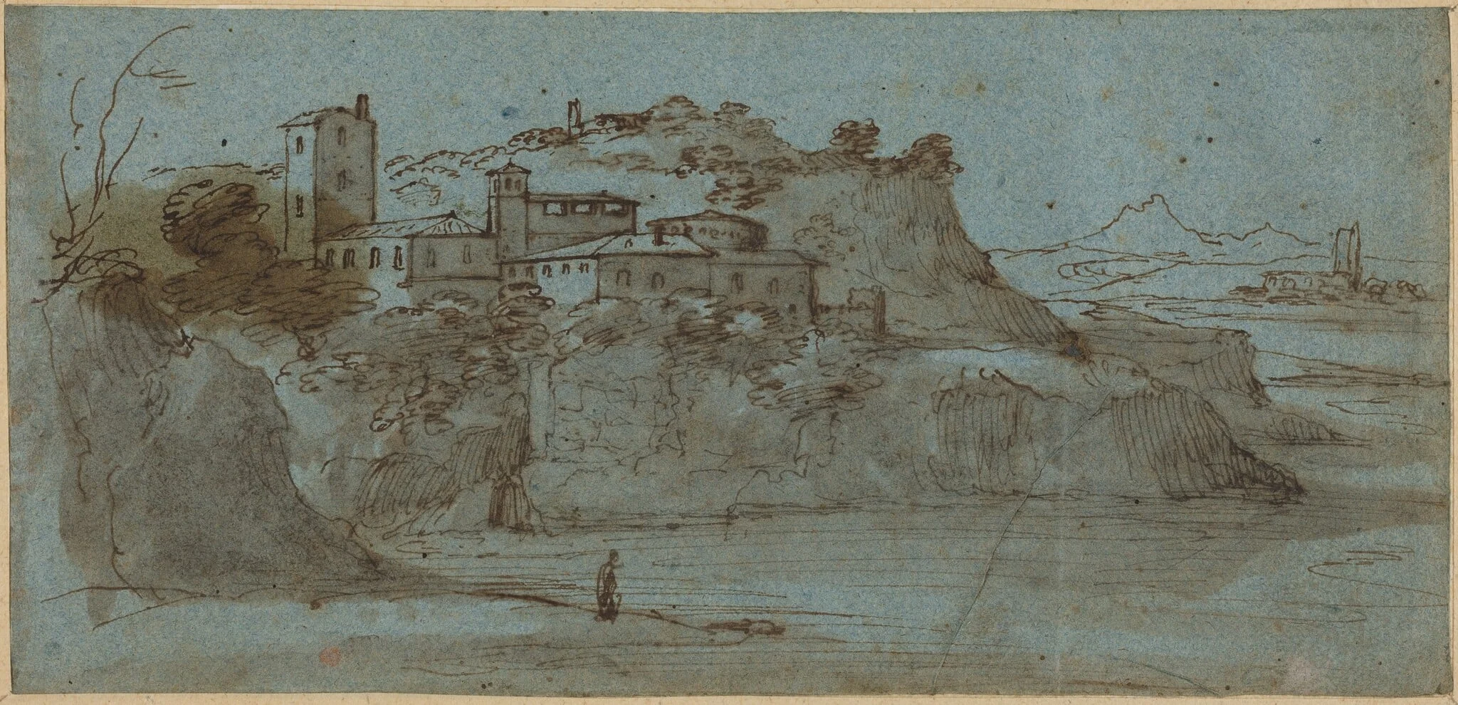 Village atop a River Cliff [recto], by Master of the Blue Landscapes, ink, 1640