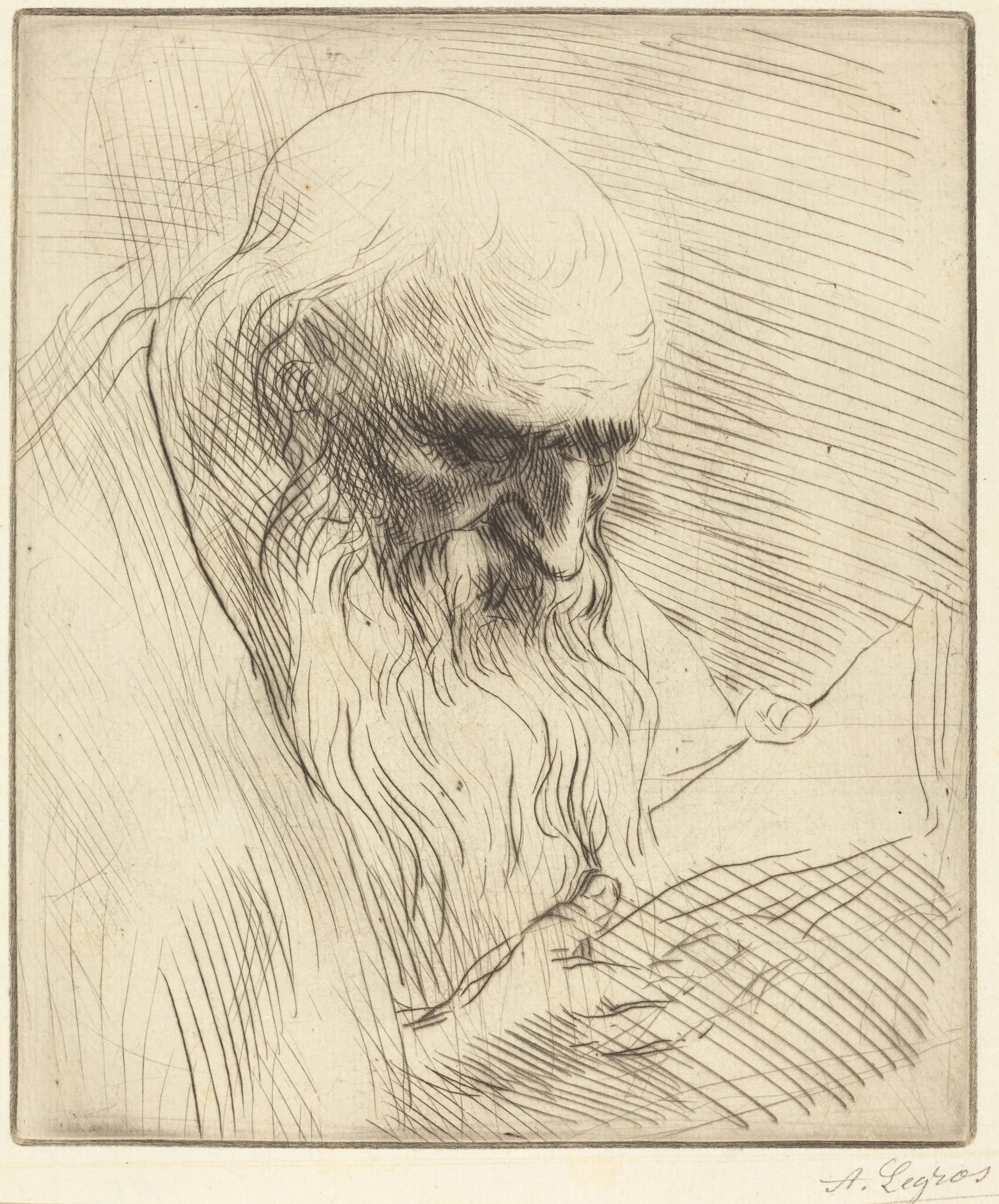 Study of the Head of a Man Reading (Etude de tete d'homme lisant), by Alphonse Legros, ink, 1874