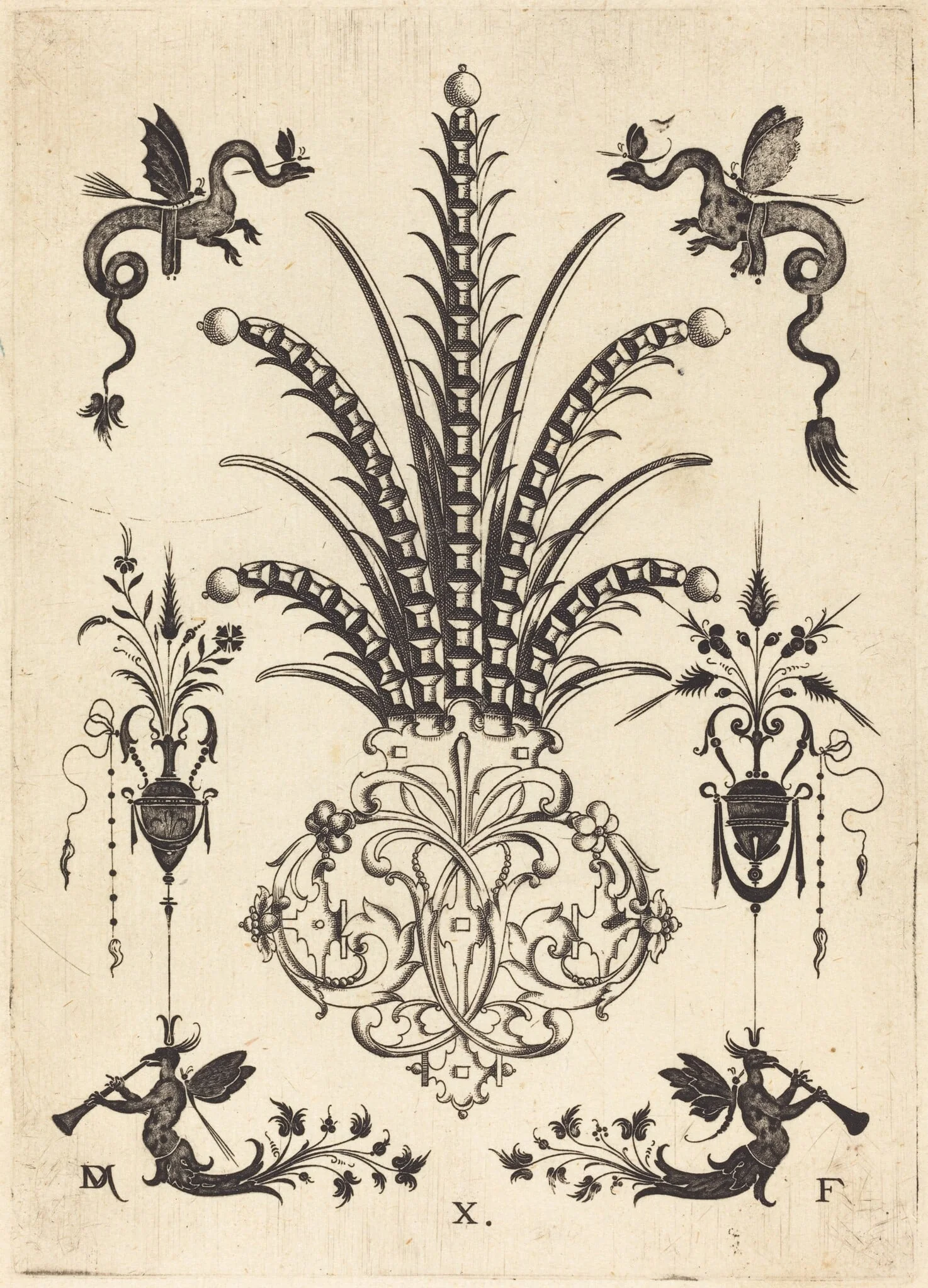 Brooch with Table-Stones, Dragons at Top, andWinged Monsters Blowing Horns at Bottom, by Daniel Mignot, ink, 1596