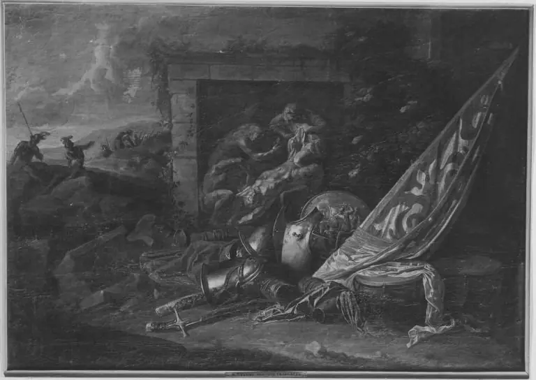 Still Life with weaponry and banner in a landscape