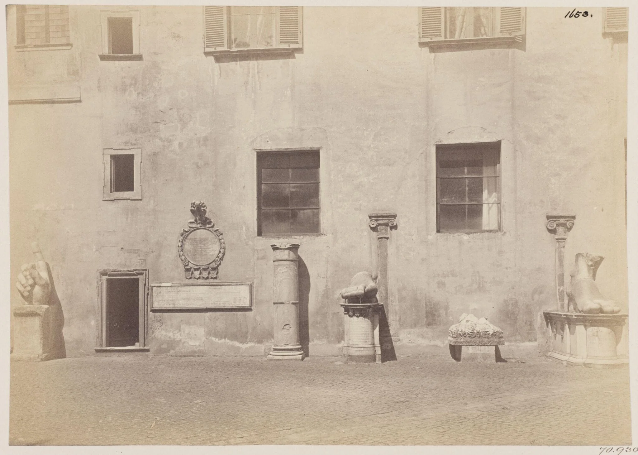 Sculpture - View on the right side of the Court-yard of the Palazzo de' Conservatori on the Capitol, shewing fragments of colossal Statues, by John Henry Parker, photographic, 1867