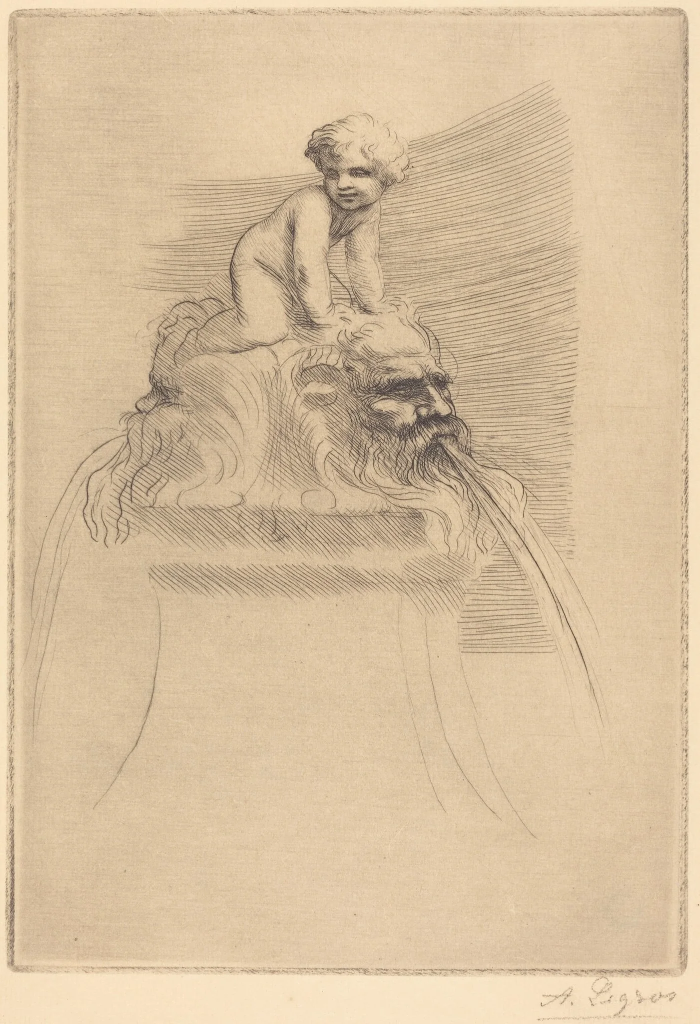 Small Fountain, Child Playing on the Grotesques (Petite fontaine, enfant qui joue surdes masques), by Alphonse Legros, ink, 1874