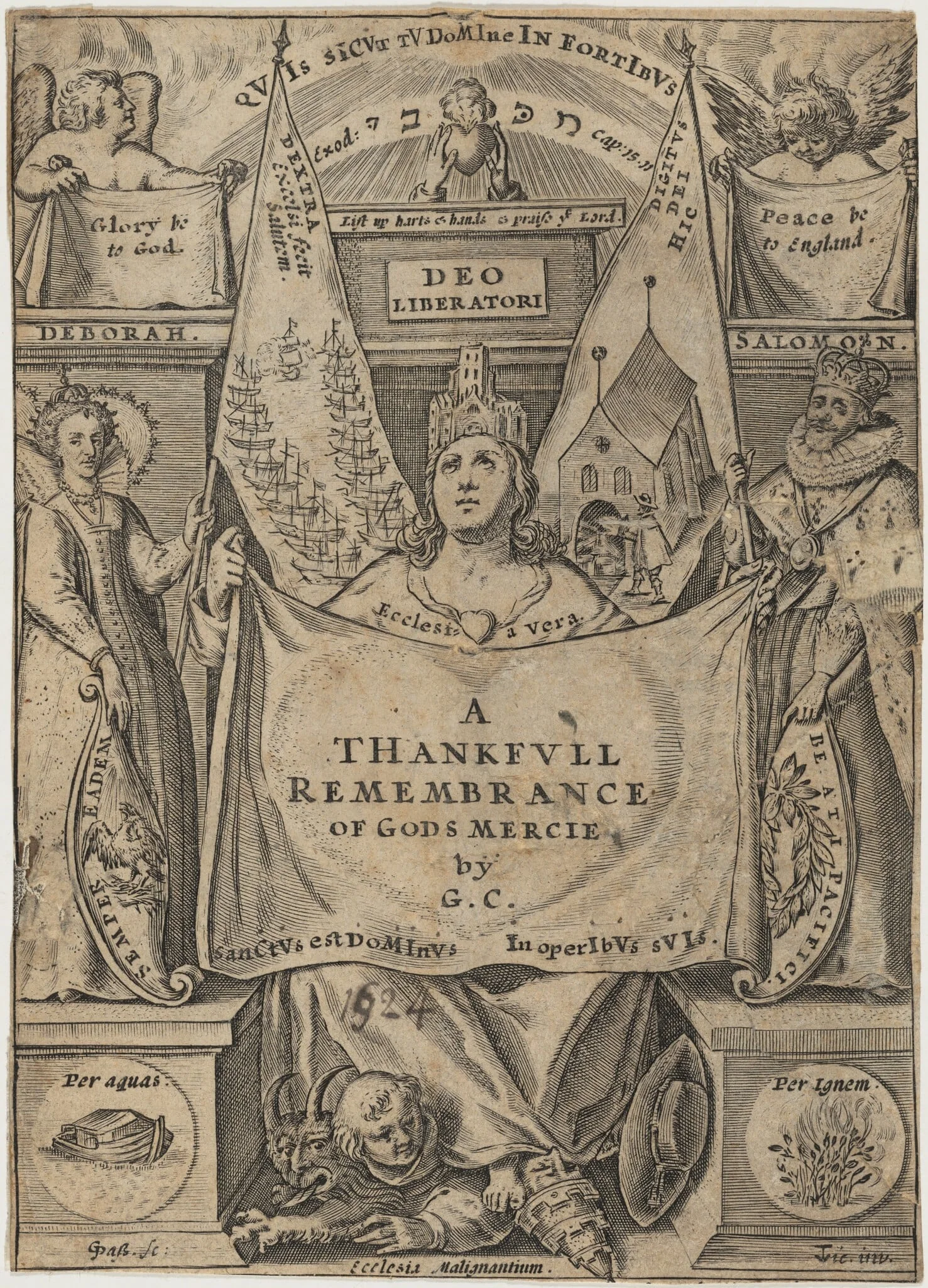 Title Page, A Thankful Remembrance of God's Mercie, by George Carleton, by Willem de Passe, ink, 1624