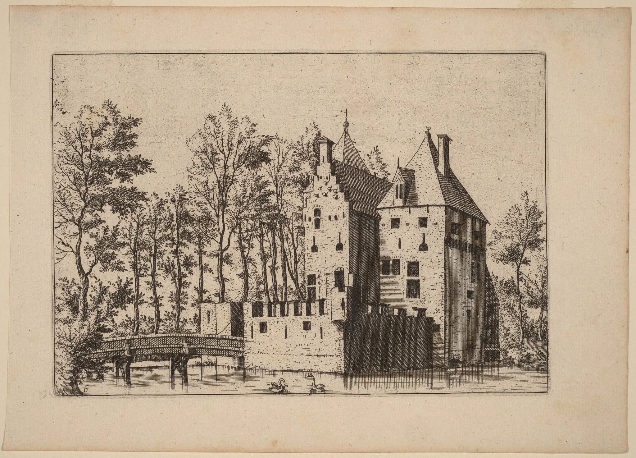 Castle with Lift-Bridge, by Lucas van Doetechum, ink, 1676