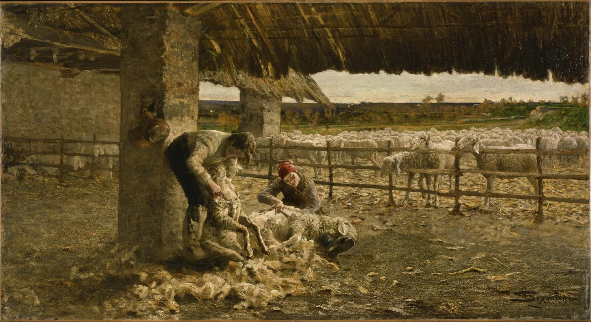 The Sheepshearing, by Giovanni Segantini, oil, 1892