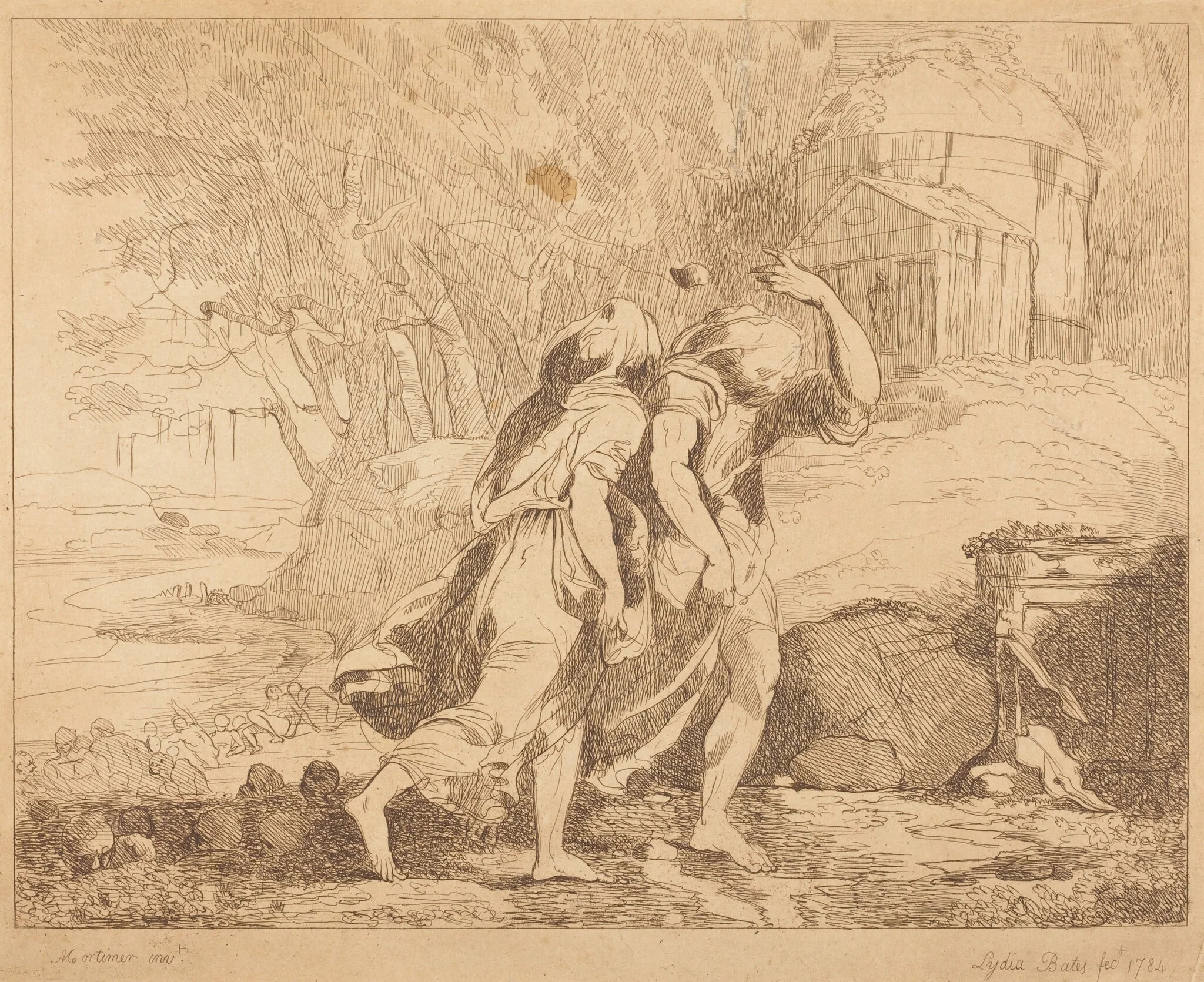Two Fleeing Figures, by Lydia Bates, ink, 1784