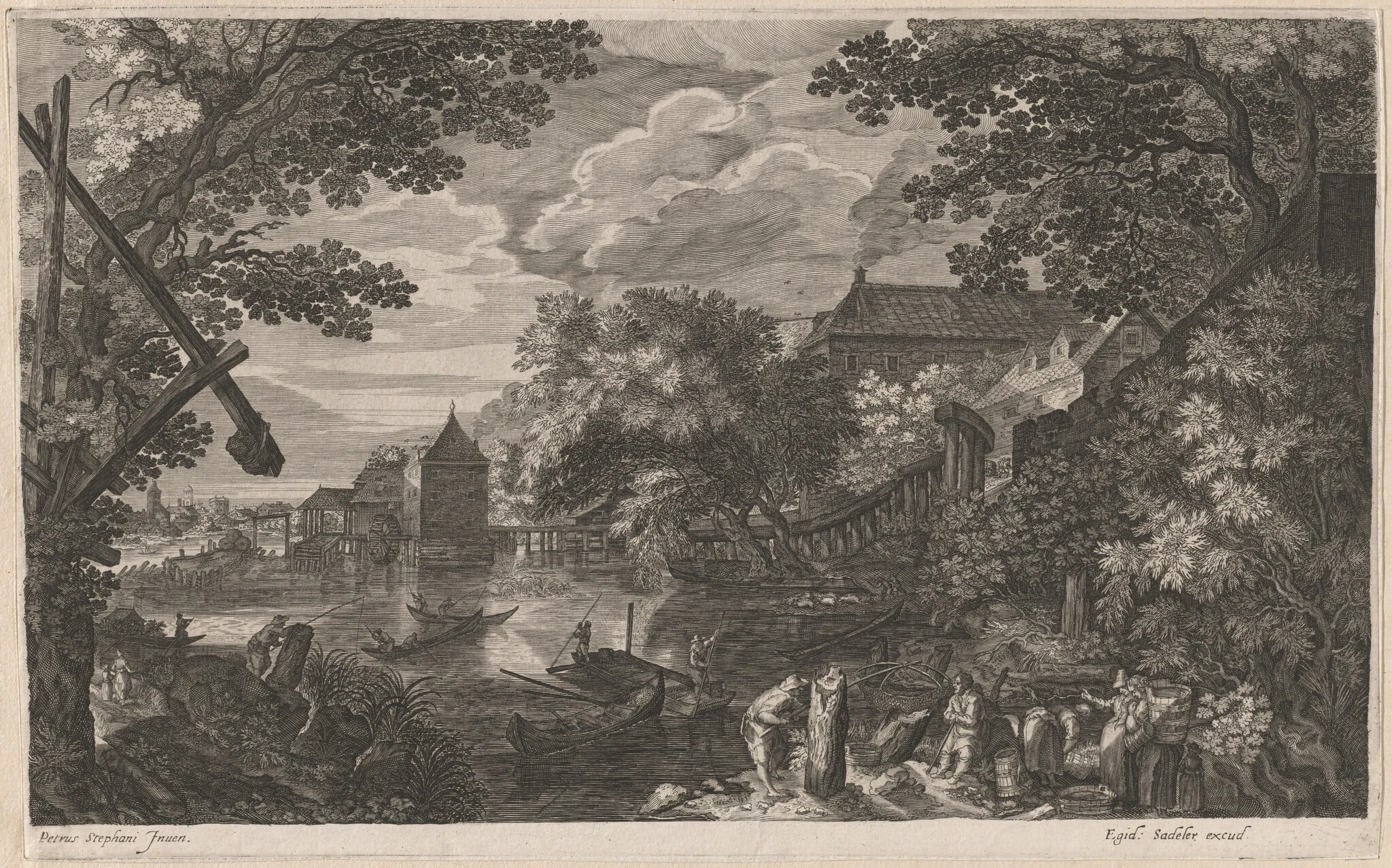 Riverscape with Fishermen by a Fortified Town, by Aegidius Sadeler II, ink, 1608