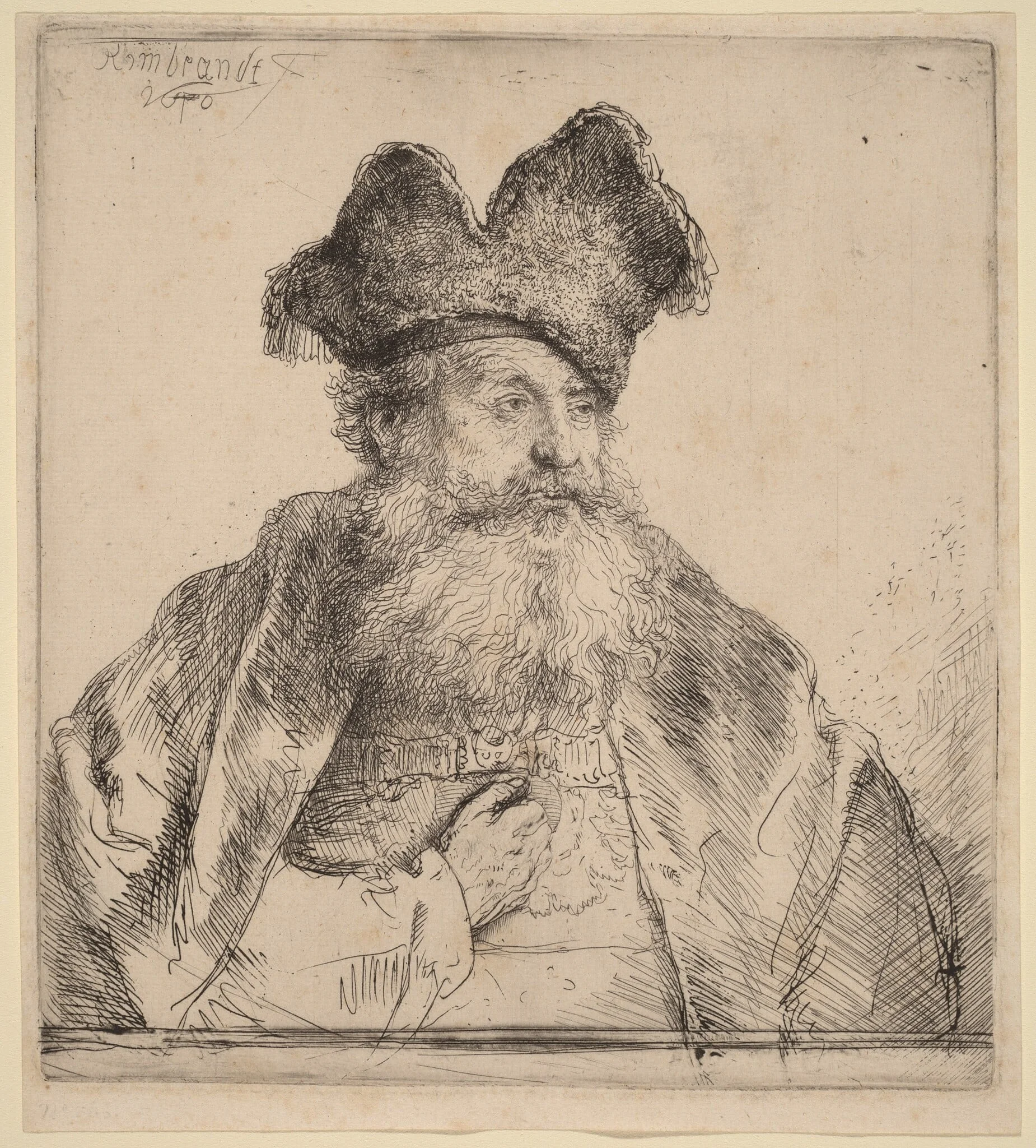 Old Man with a Divided Fur Cap, by Rembrandt, ink, 1640