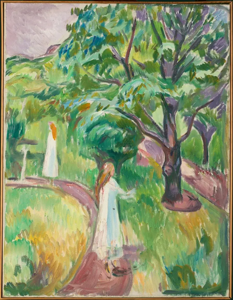Two Women in White Dresses in the Garden