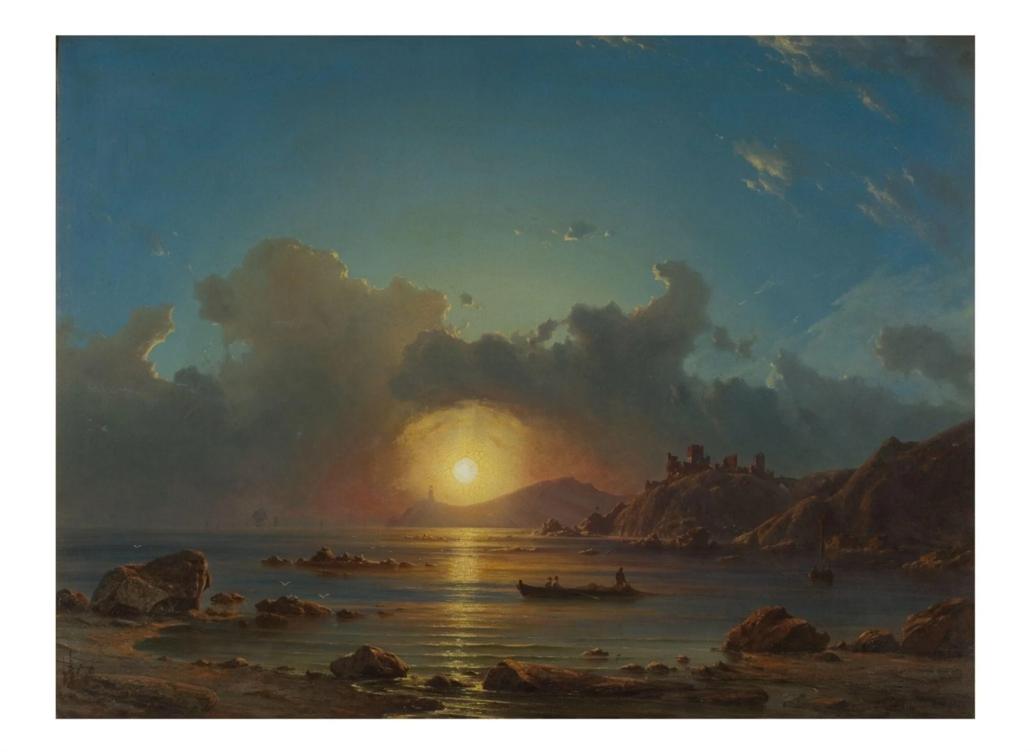 Sunset on a bay, with castle ruins, by Georg Emil Libert, oil, 1848