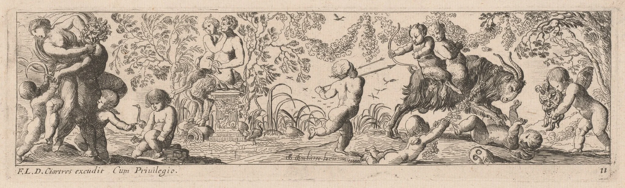 Putti and Satyrs Shooting Arrows, by Pierre Brebiette, ink, 1626