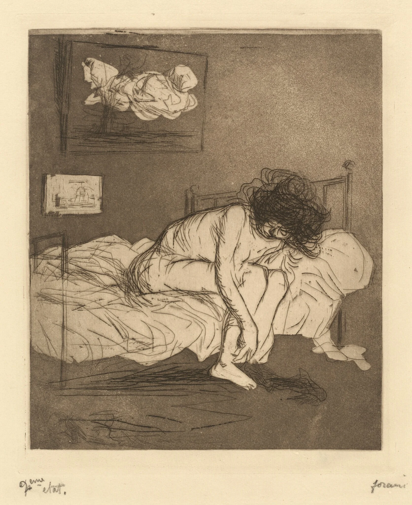 Femme mettant son bas (Woman Putting On Her Stockings), by Jean-Louis Forain, ink, 1909