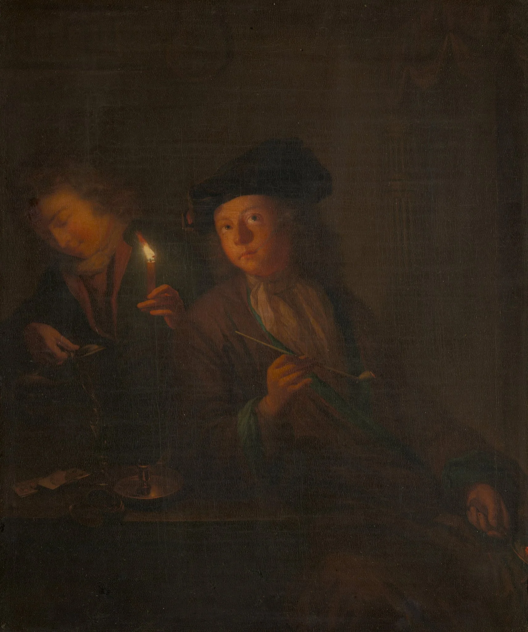 The Smoker (A Man with a Pipe and a Man Pouring a Beverage into a Glass), by Unknown, unspecified, 1698