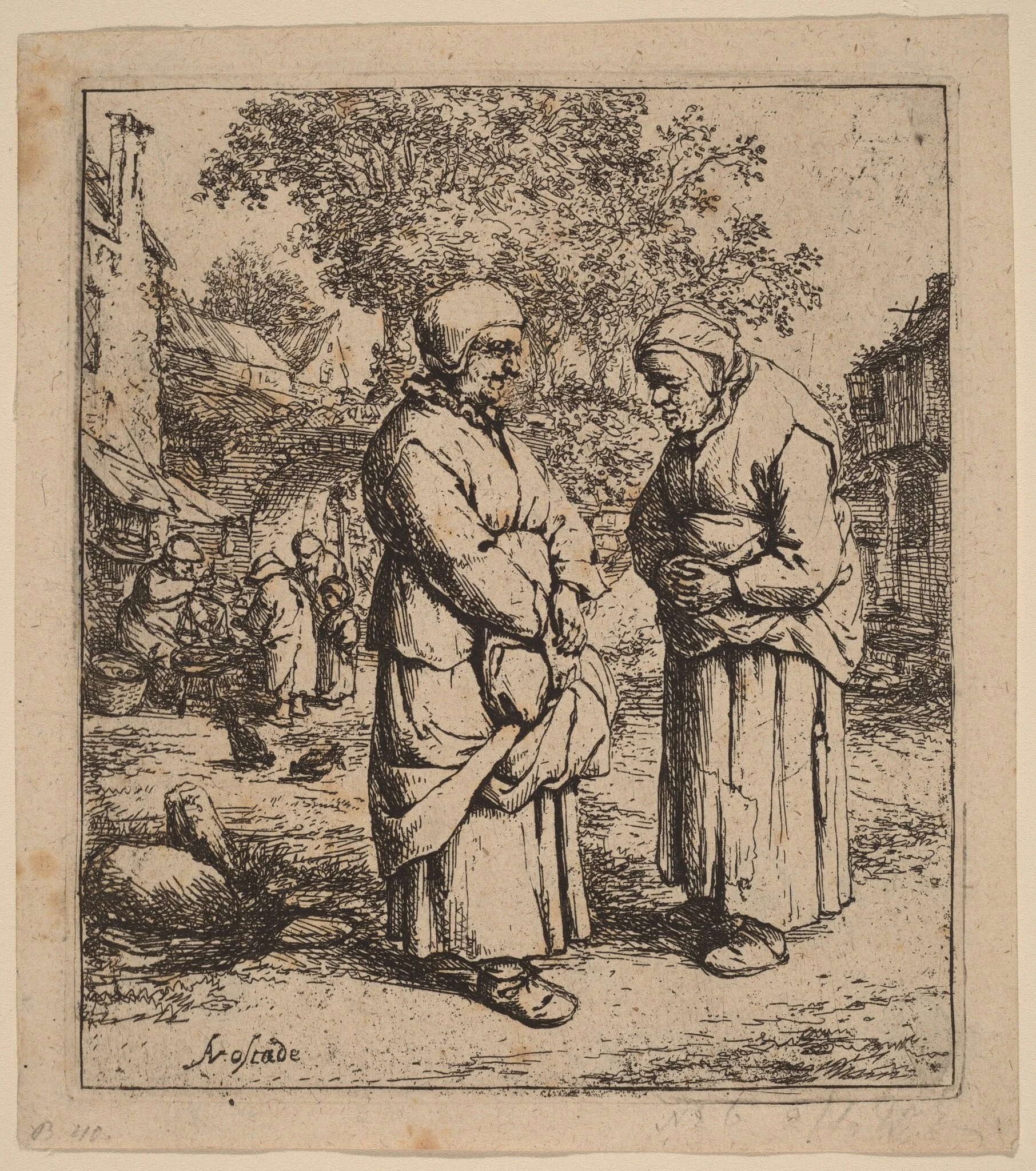 Two Peasant Women Conversing on a Village Street, by Adriaen van Ostade, ink, 1652